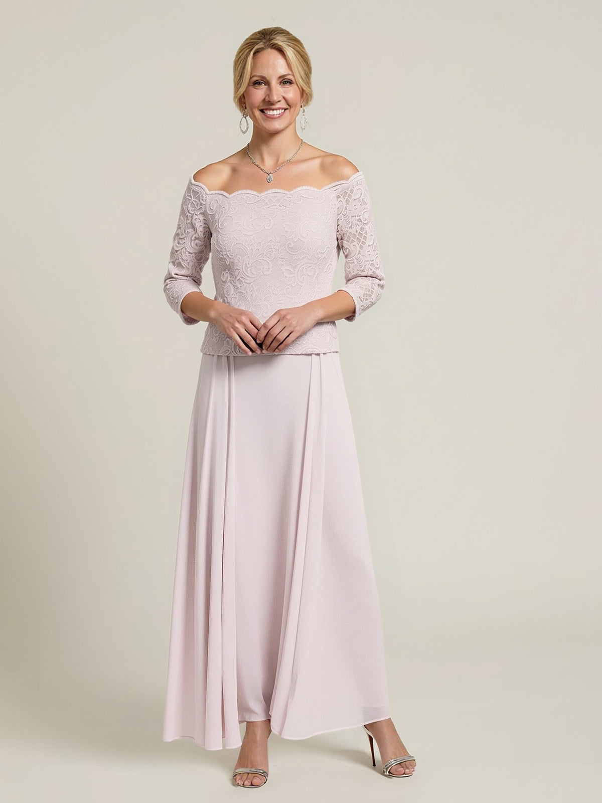 Lace Bodice Off-Shoulder Gown with Scalloped Edge Blushing Pink