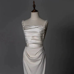 Sheath Long Satin White Wedding Dresses With Beads