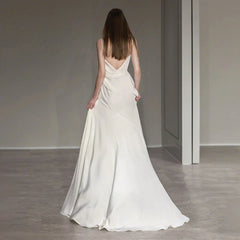 French Spaghetti Strap Long Prom Dress White Satin V back Wedding Dress