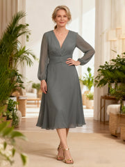V-Neck Chiffon A-Line Dress with Ruched Waist Steel Grey
