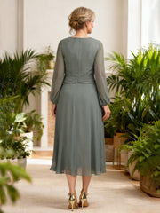 V-Neck Chiffon A-Line Dress with Ruched Waist Steel Grey