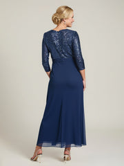 Sequin Lace V-Neck Bodice Chiffon Overlay Gown Dark Navy