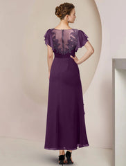 A-Line Mother of the Bride Dress Formal Wedding Guest Elegant Scoop Neck Tea Length Chiffon Lace 3/4 Length Sleeve with Beading
