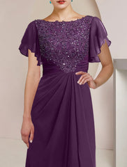 A-Line Mother of the Bride Dress Formal Wedding Guest Elegant Scoop Neck Tea Length Chiffon Lace 3/4 Length Sleeve with Beading