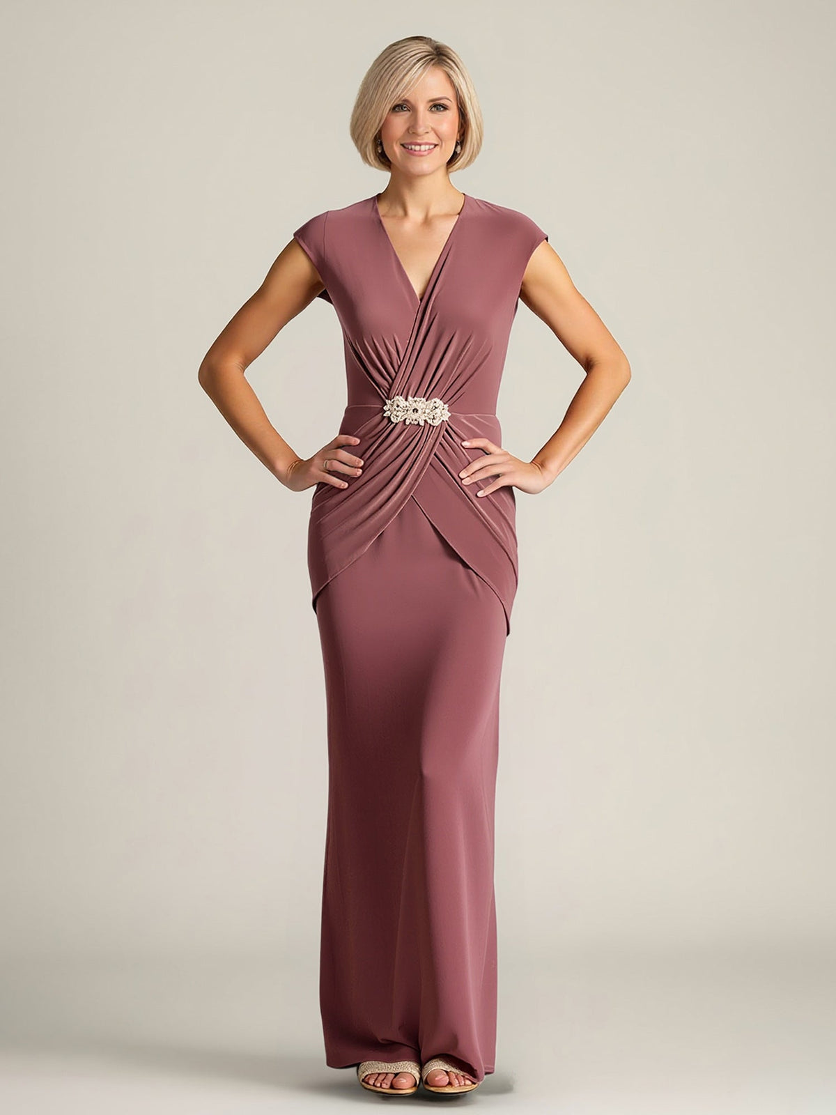 V-Neck Draped Bodice Gown with Embellished Clasp Cinnamon Rose