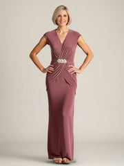V-Neck Draped Bodice Gown with Embellished Clasp Cinnamon Rose