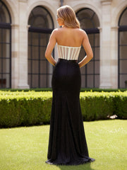 Strapless Corset Bodice Gown with High Slit Skirt Ivory/Black