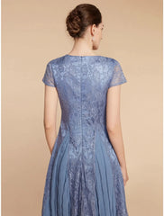 A-Line Mother of the Bride Dress Wedding Guest Elegant Petite V Neck Knee Length Chiffon Lace Short Sleeve with Ruching