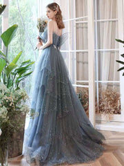 Gray blue tulle sequin long prom dress, gray blue tulle formal dress