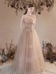 Champagne tulle long prom dress, A line tulle formal dress