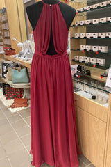 Red Chiffon Halter Backless A-Line Long Bruidsmeisje Jurk