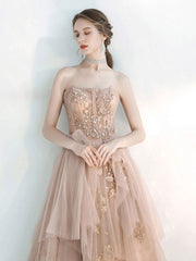 Champagne A line tulle lace long prom dress, champagne evening dress