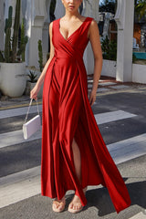 A-line V Neck Sleeveless High Split formal dresses Bridesmaid Dresses evening gown Prom Dress