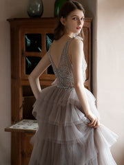 Unique v neck tulle beads long prom dress, tulle evening dress