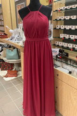 Red Chiffon Halter Backless A-Line Long Bruidsmeisje Jurk