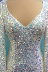 White Iridescent Sequin Open Back Short Homecoming Dress with Sleeves