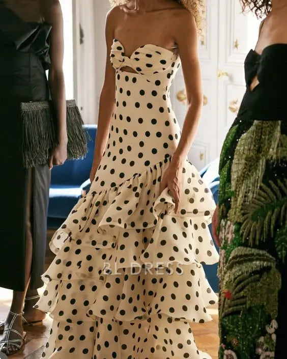 A Line Strapless Polka Dots formal dresses Bridesmaid Dresses evening gown Prom Dress