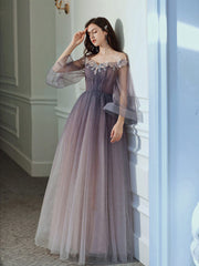 Purple tulle lace off shoulder long prom dress, purple evening dress