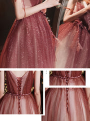 Simple burgundy tulle long prom dress, burgundy formal dress