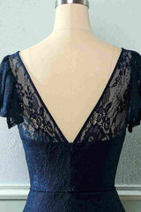 Royal Blue Lace Backless Cap Sleeve Bridesmaid Dress