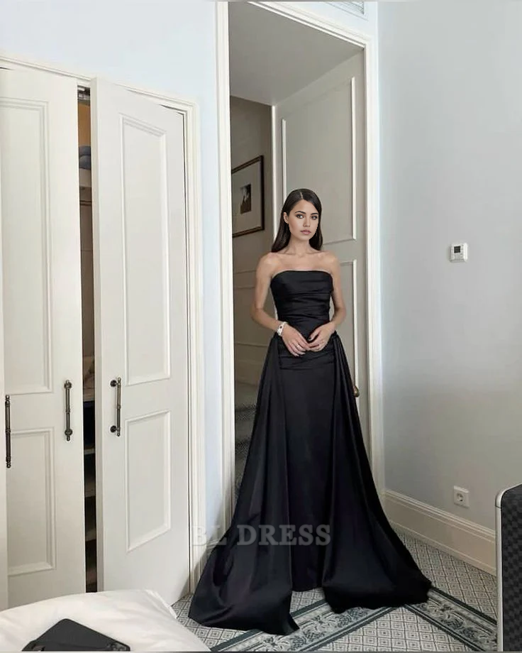 Sheath Strapless Black Satin Train Long formal dresses Bridesmaid Dresses evening gown Prom Dress