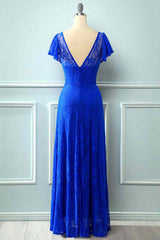 Royal Blue Lace Backless Cap Sleeve Bridesmaid Dress