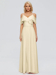 Thin shoulder strap ruffled chiffon and floor length bridesmaid dress