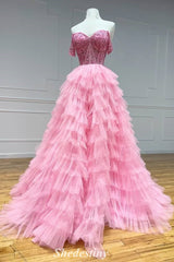 Off Shoulder A-line Ruched Pink Princess Long Prom Dress with Sequin