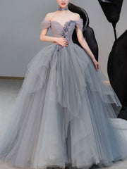 Gray sweetheart neck tulle long prom dress, gray evening dress