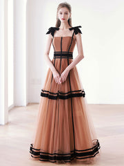 Elegant caramel color tulle long prom dress, tulle evening dress