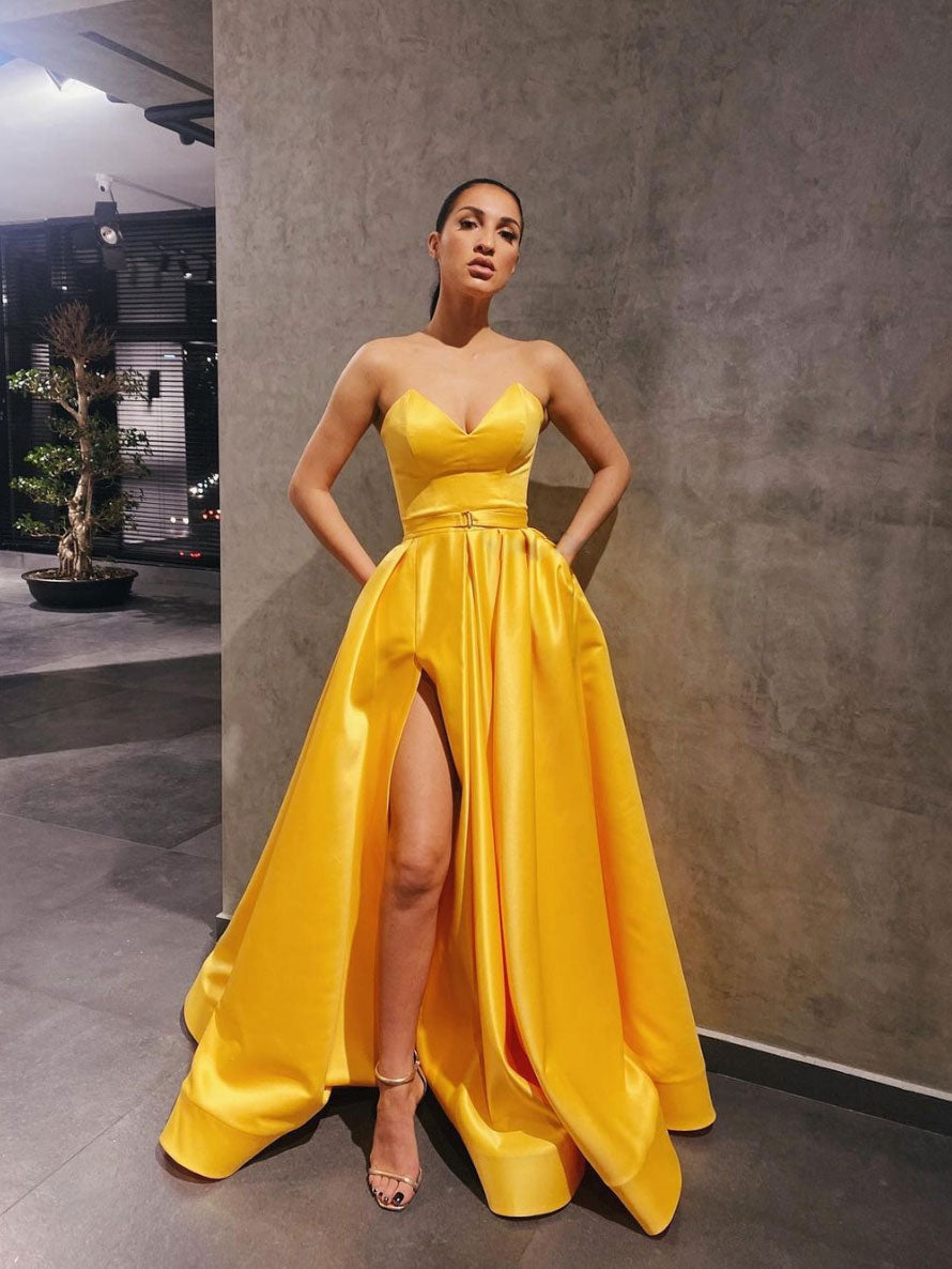 Yellow satin long prom dress simple yellow bridesmaid dress