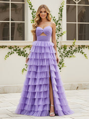 Sweetheart Neck Tiered Sweep Train Dress With Slit Lilac