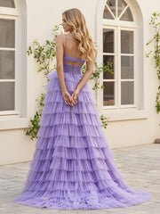 Sweetheart Neck Tiered Sweep Train Dress With Slit Lilac