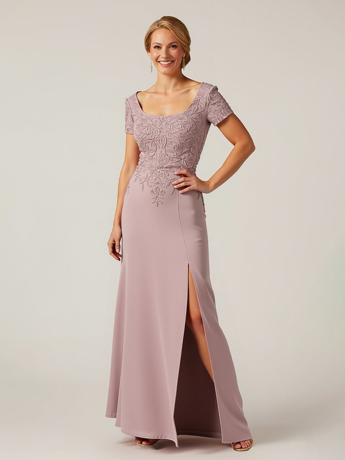 Embroidered Bodice Formal Gown with High Slit Vintage Mauve