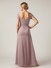 Embroidered Bodice Formal Gown with High Slit Vintage Mauve