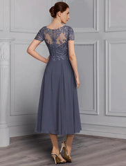 A-Line Mother of the Bride Dress Elegant Plus Size V Neck Tea Length Chiffon Lace Short Sleeve