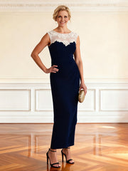 Sheer Lace Yoke Sleeveless Gown with Ruched Front Dark Navy