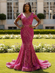 Sparkling Sequin Gown with Off-Shoulder Straps Fuchsia