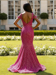 Sparkling Sequin Gown with Off-Shoulder Straps Fuchsia