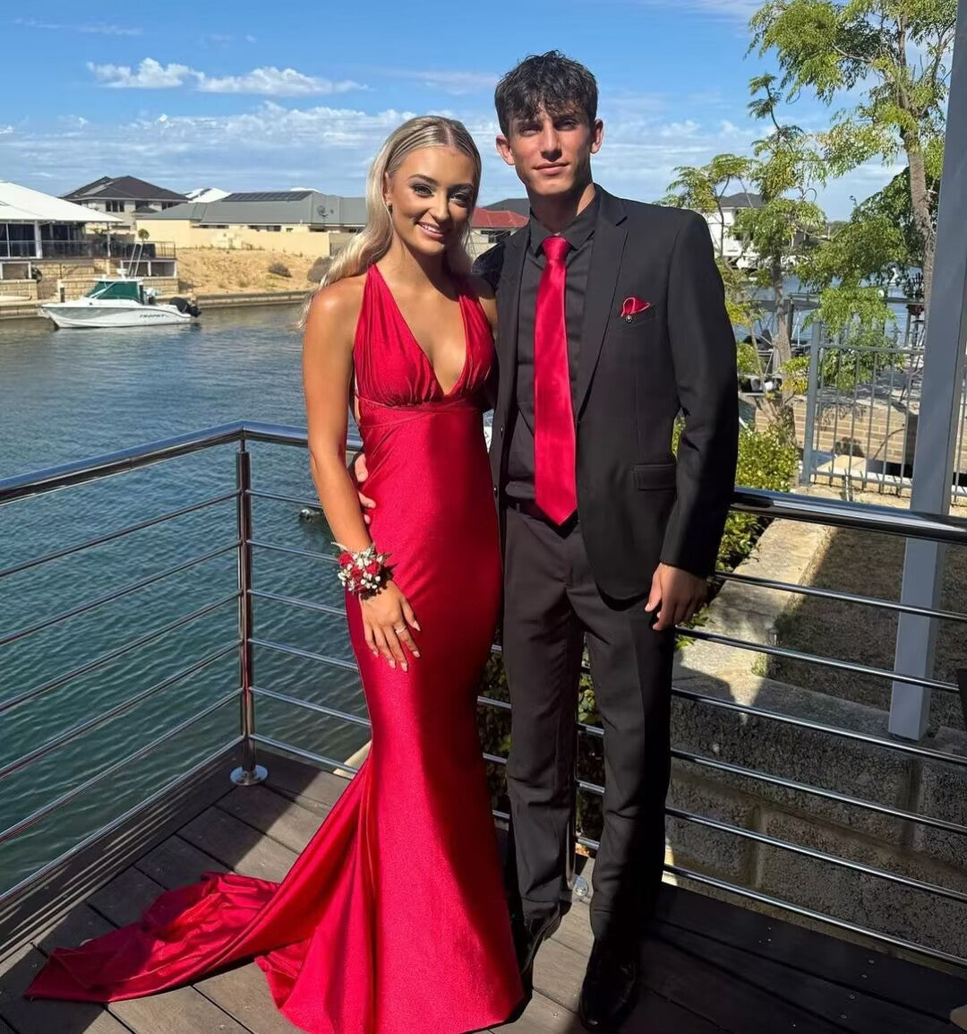 Red V Neck Mermaid Long Prom Dresses With Train J2720