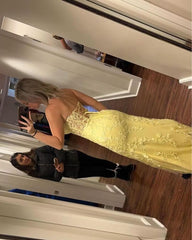 Strapless Yellow Tulle Mermaid Prom Dress With AppliqueJ2726