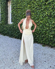 Sexy Deep V Neck A Line Long Prom Dress With Slit J2729