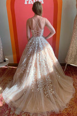 A-Line Nude Pink Straps Appliques Long Prom Gown