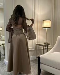 A Line Satin Long Prom Dresses With Ruffled Sleeves J2738