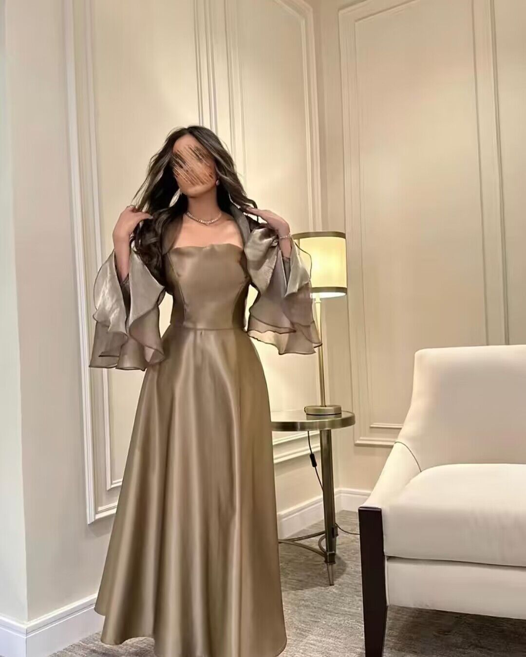 A Line Satin Long Prom Dresses With Ruffled Sleeves J2738