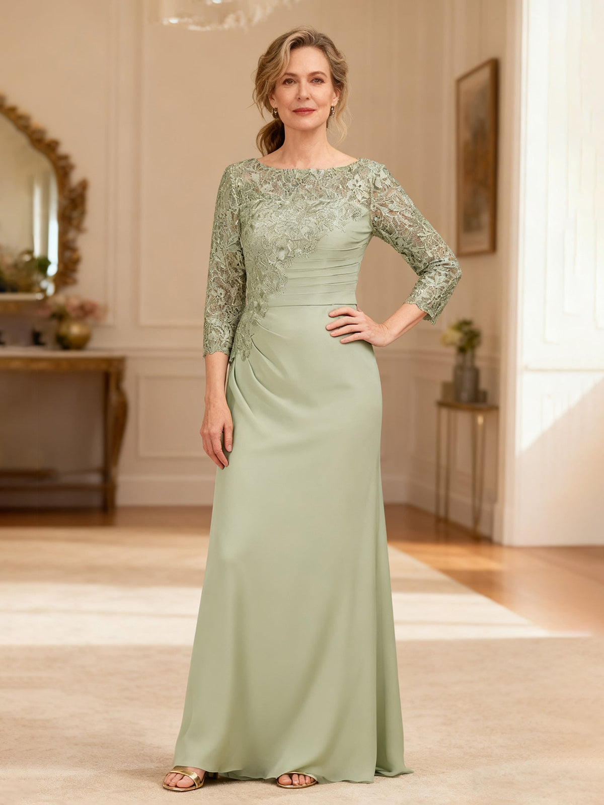 Elegant Illusion Neckline Formal Dress with Ruche Detail Dusty Sage