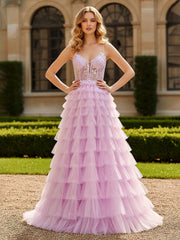 Tiered Ruffle Tulle Ball Gown with Sheer Bodice Lilac