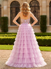Tiered Ruffle Tulle Ball Gown with Sheer Bodice Lilac