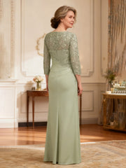 Elegant Illusion Neckline Formal Dress with Ruche Detail Dusty Sage