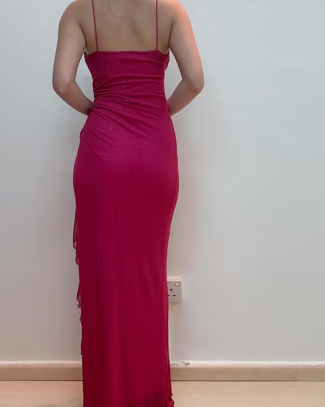 Spaghetti Straps Rose Red Sheath Ruffled Long Prom Dresses J2740
